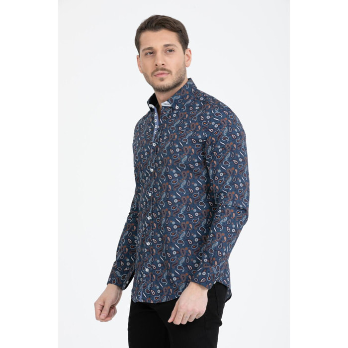 Camicia Uomo 1 Bottoni Button Down Slim Popeline Fantasia Blu/Celeste