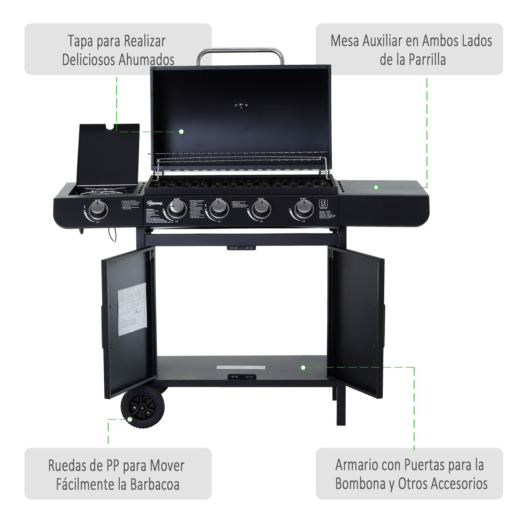 Barbacoa de Gas con Ruedas 4+1 Quemadores 14,4 KW Mesas Laterales 125x51x100 cm