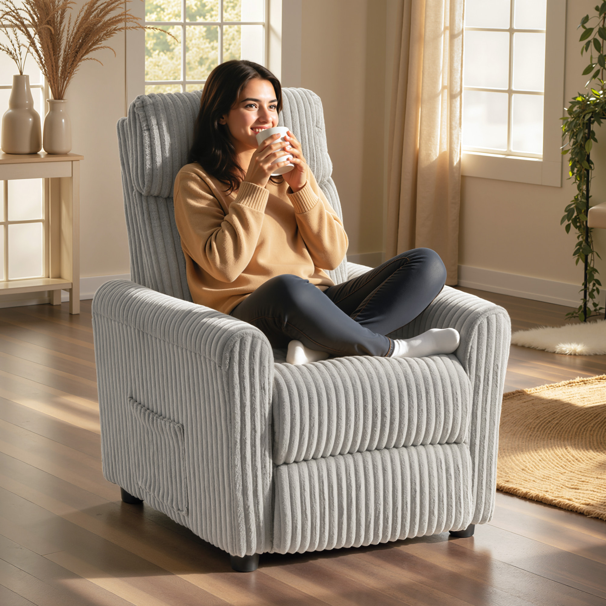 Sillón Relax Reclinable, Sillón Reclinable Manual, Tapizado en Pana, Instalación Rápida, Reposapiés, Acolchado Grueso, para Salón, Dormitorio, Oficina, Gris Claro