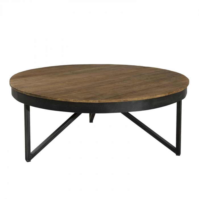 ALIDA - Table basse ronde 90x90cm plateau teck recyclé pied métal noir