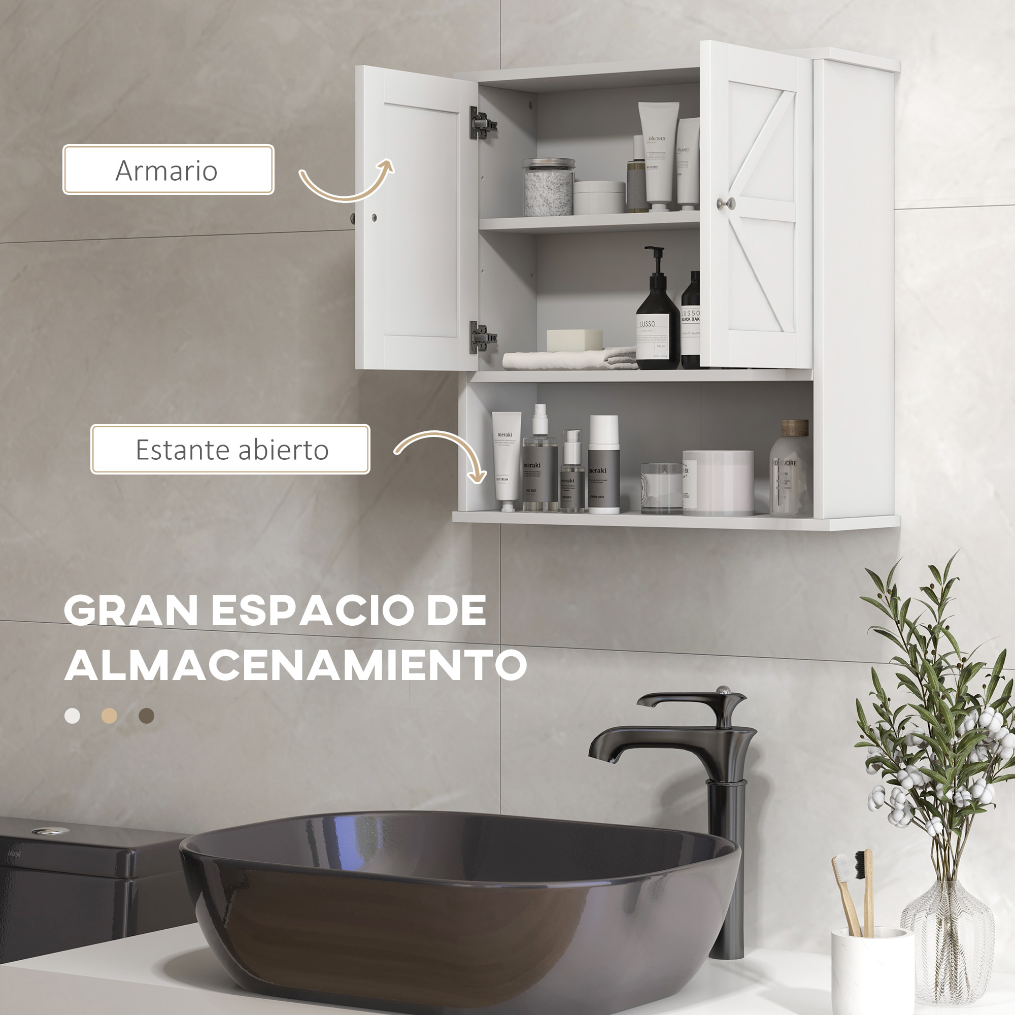 Armario de Baño de Pared, Mueble de Baño Colgar Rústico con Compartimento, Estante Ajustable, 2 Puertas, para Cocina, Lavadero, sobre el Inodoro, Blanco