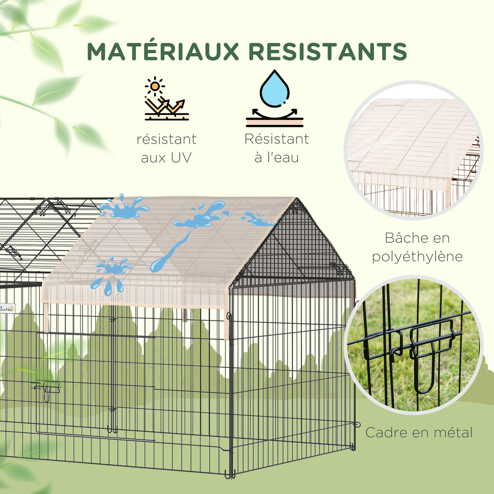 Parc enclos métal époxy cage extérieure dim. 2,20L x 1,03l x 1,03H m 3 portes et trappe surface abrité PE beige