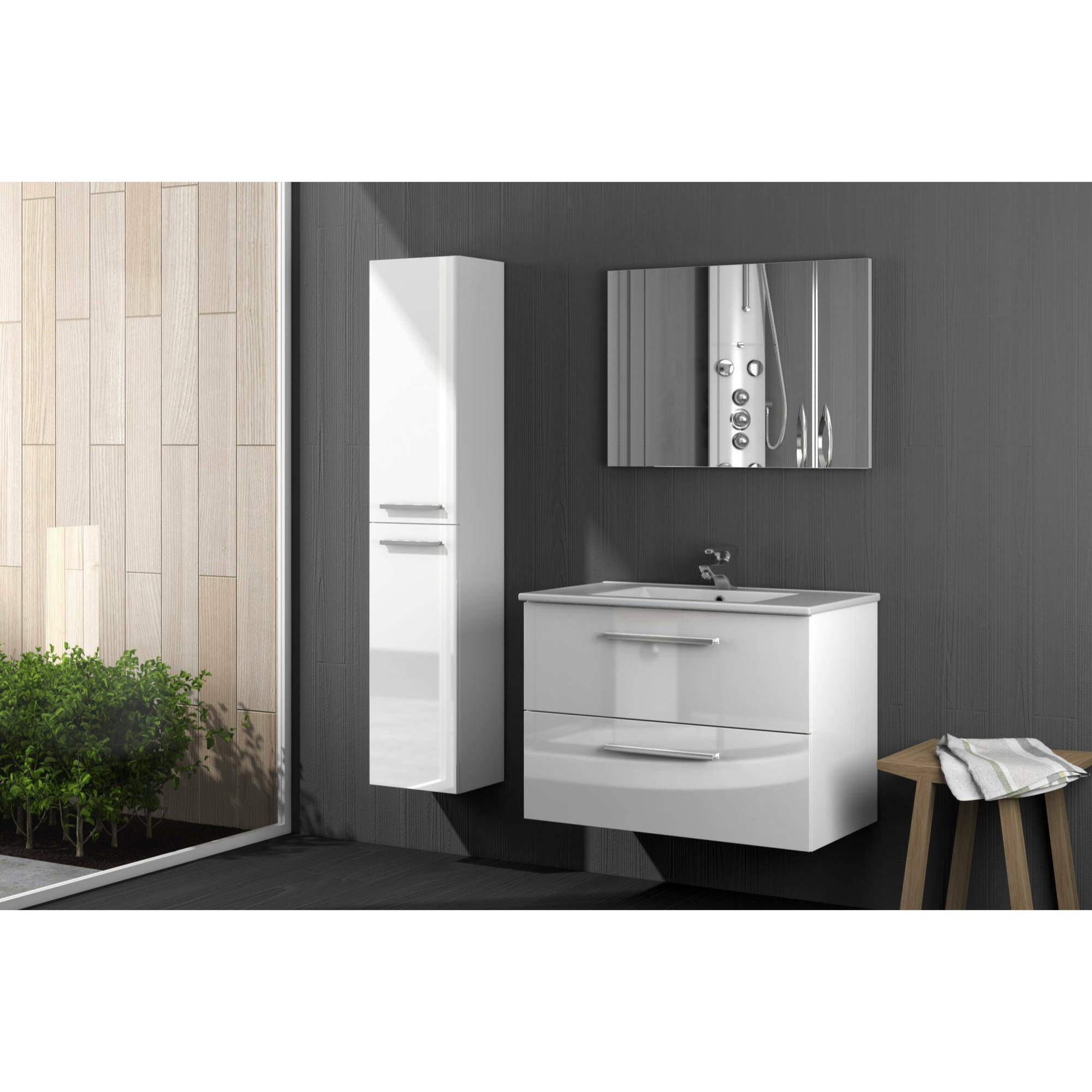 Mobile colonna Notte, Mobile per bagno a 2 ante, Armadio pensile sospeso con 2 ripiani, 30x25h150 cm, Bianco lucido