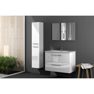 Mobile colonna Notte, Mobile per bagno a 2 ante, Armadio pensile sospeso con 2 ripiani, 30x25h150 cm, Bianco lucido