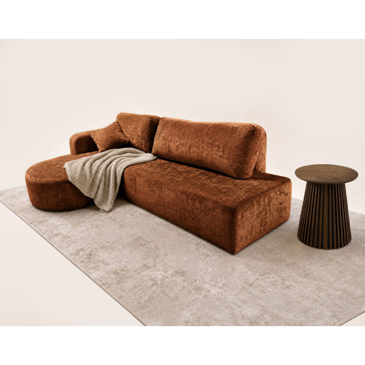 Miro - Canapé d'angle gauche 4 places convertible avec coffre en velours texturé - Rouille
