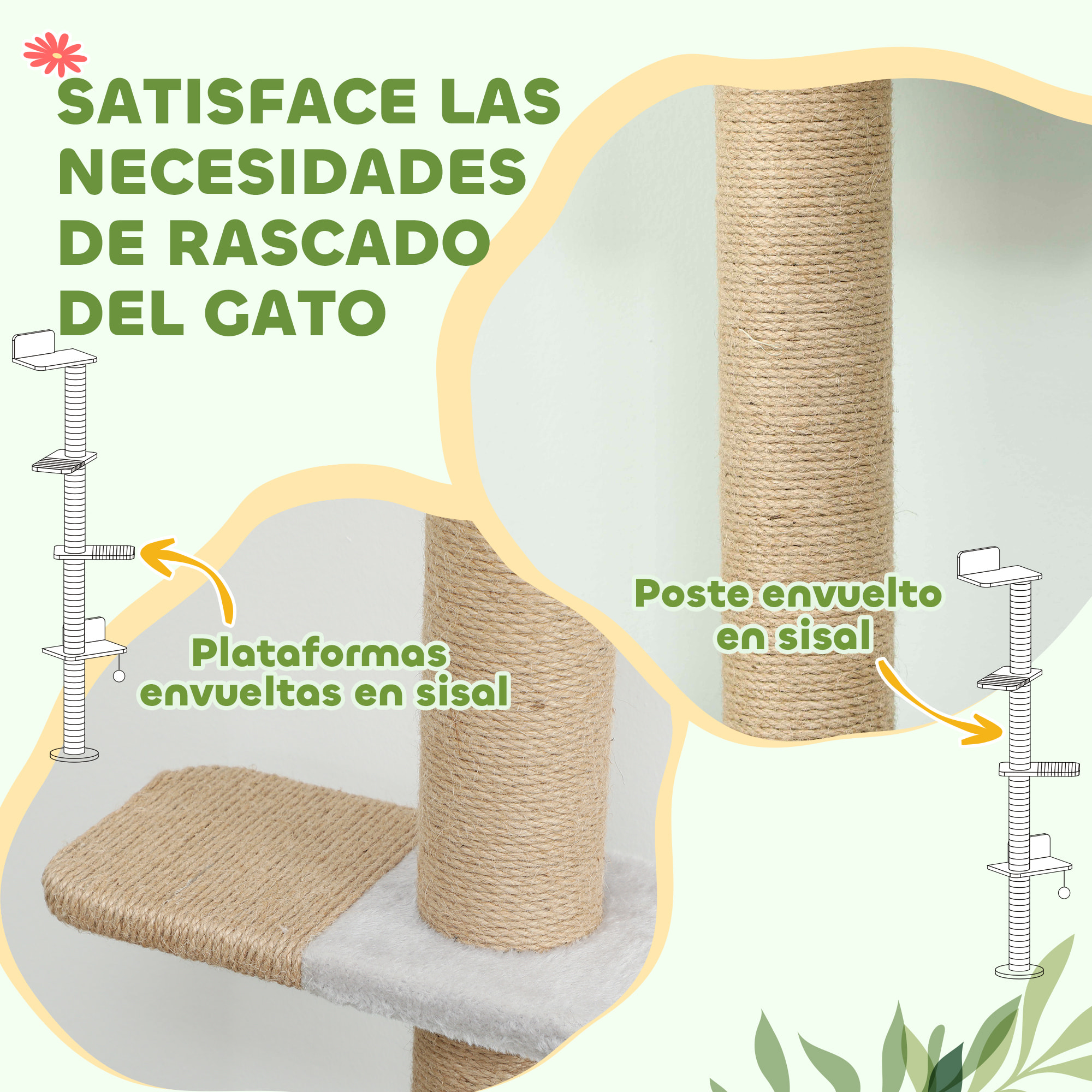 Árbol para Gatos de Pared de 5 Niveles, Rascador para Gatos Estrecho con Bola de Juguete y Rascadores de Sisal, 48x21x180 cm, Gris Claro