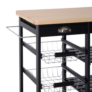 Chariot de service desserte de cuisine à roulettes multi-rangements 74L x 37l x 76H cm plateau bois massif pin châssis MDF noir