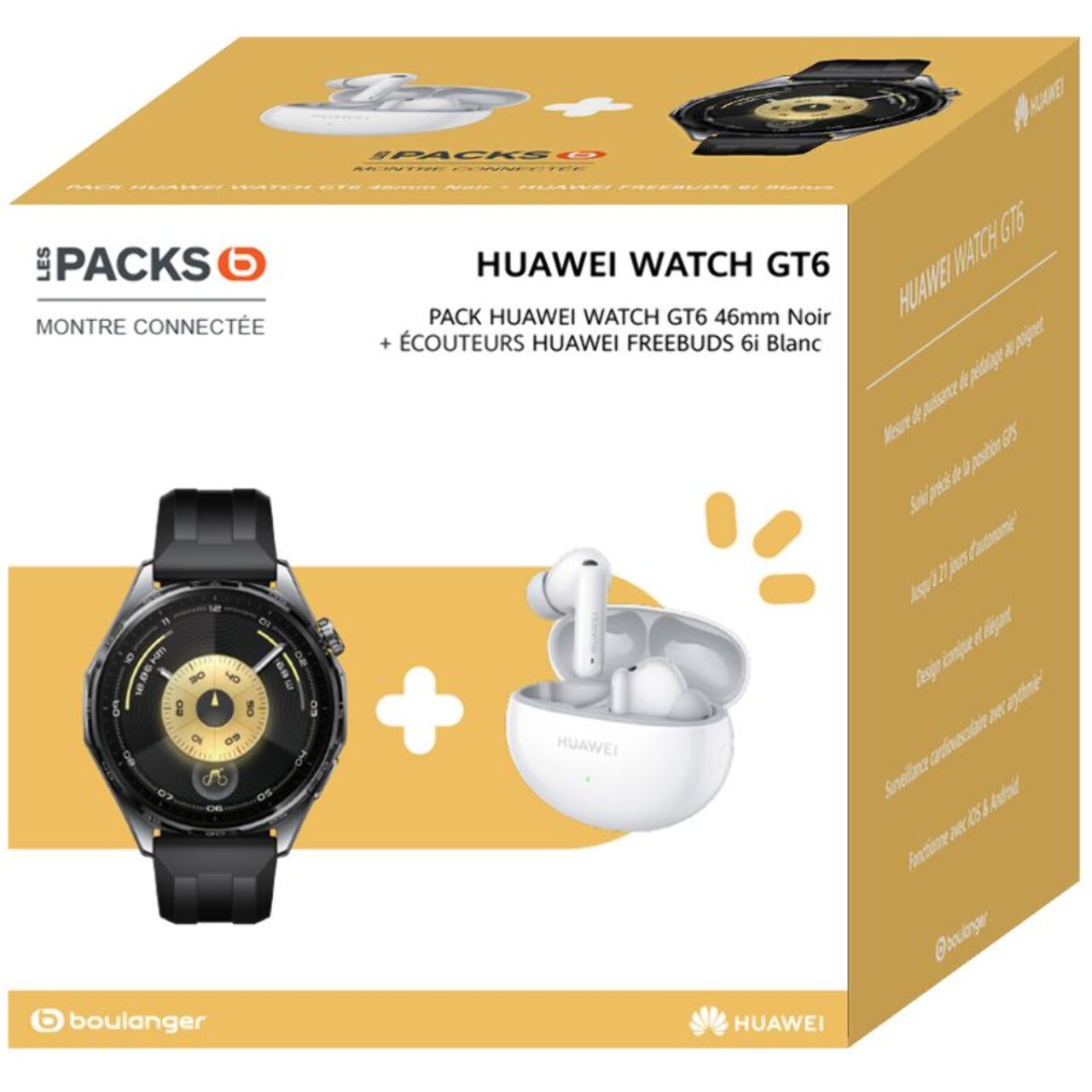 Montre connectée HUAWEI Pack Watch GT6 46mm Noir+FreeBuds6I Blanc
