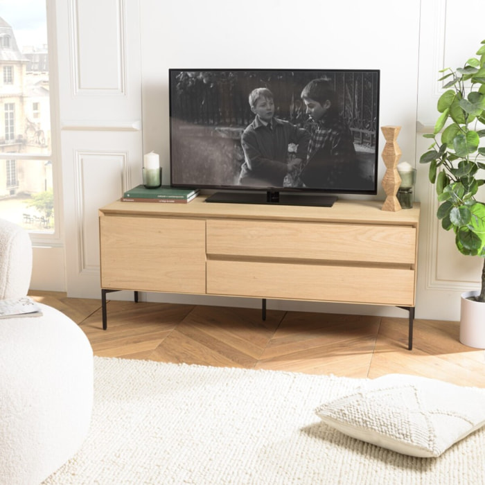 MAXENDRE - Meuble TV naturel 1 porte 2 tiroirs pieds métal noir