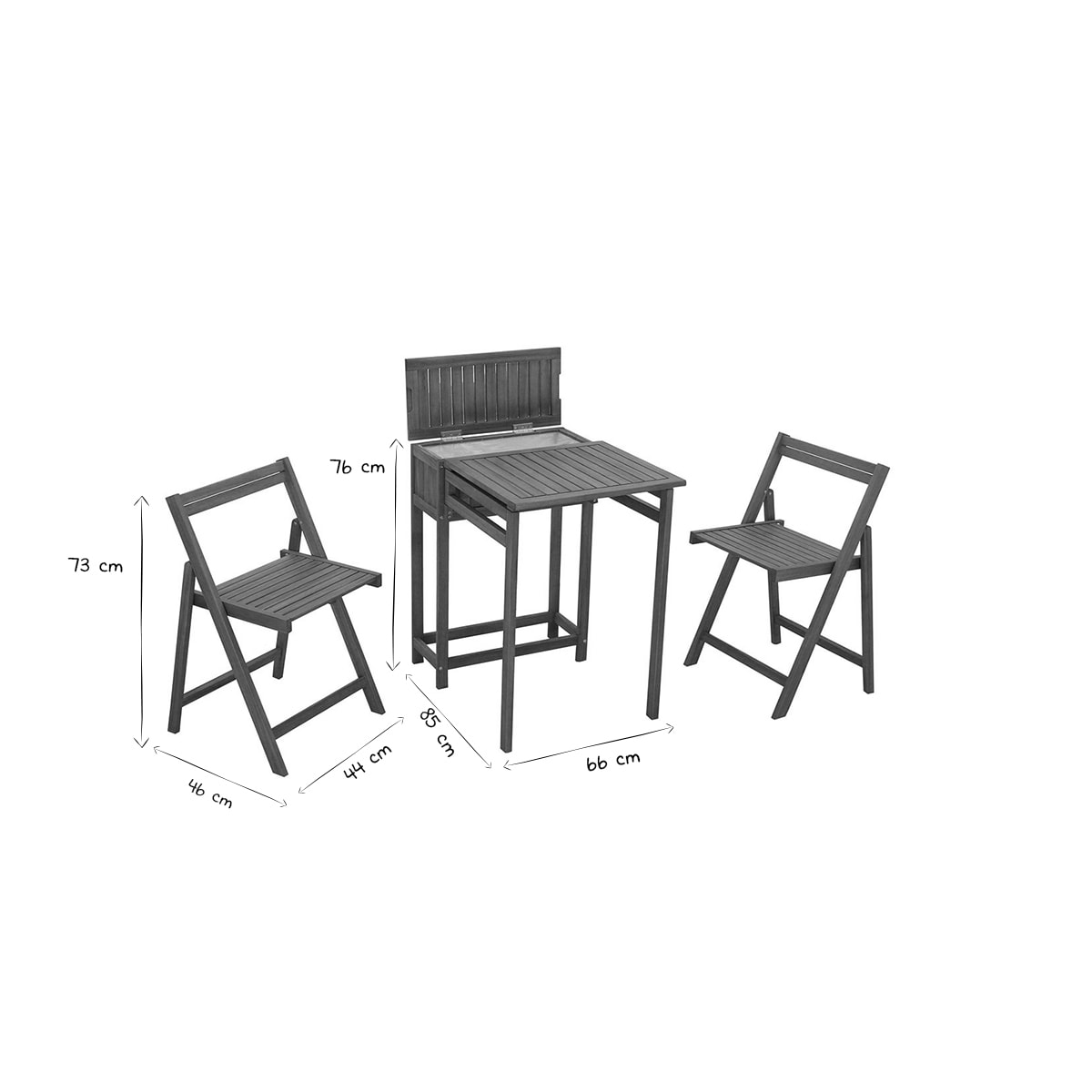 Set de 2 chaises pliantes et 1 table de balcon rabattable avec rangement en bois massif PRADO