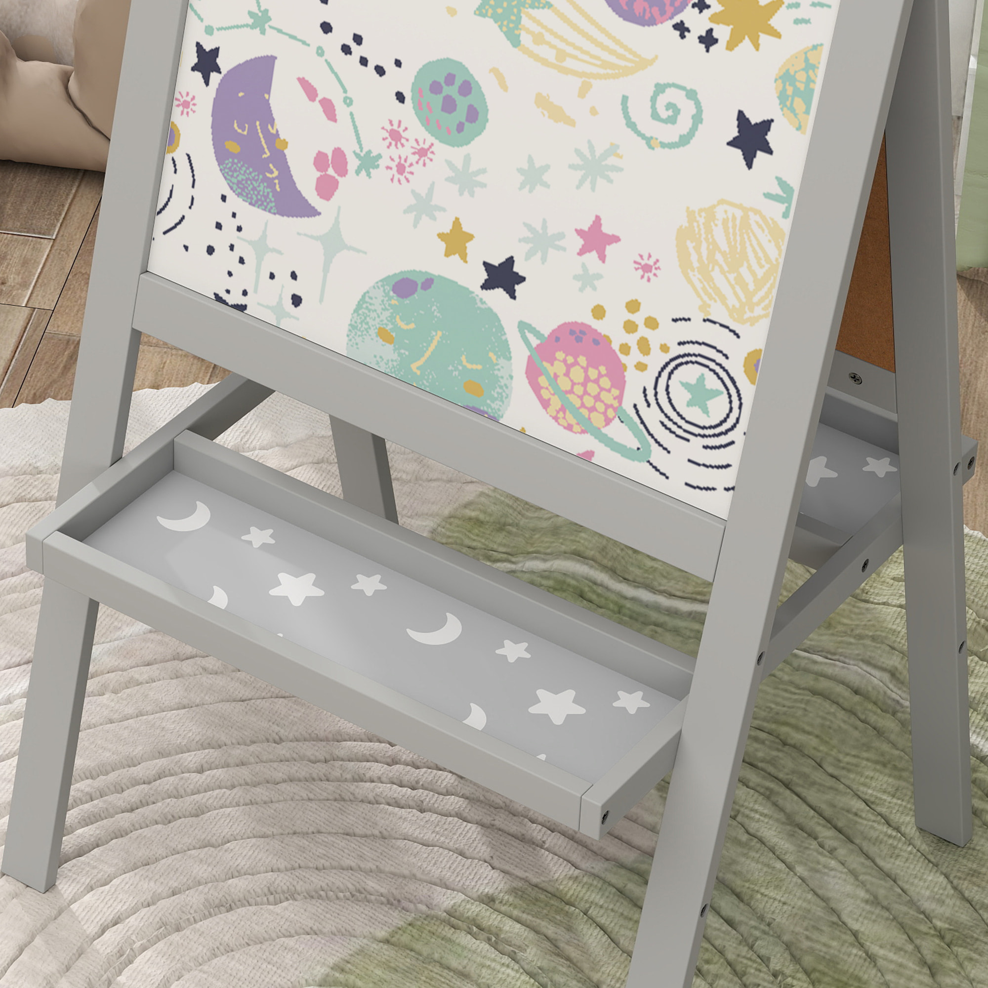 Tableau enfant double face tableau blanc et noir - 2 étagères intégrées - MDF gris