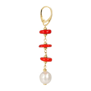 PERLAVIVA - Orecchini Pendenti in Argento 925 placcato Rodio con Corallo Bambù Rosso e Perle Ming Bianche d'Acqua Dolce Ø 11/12 mm