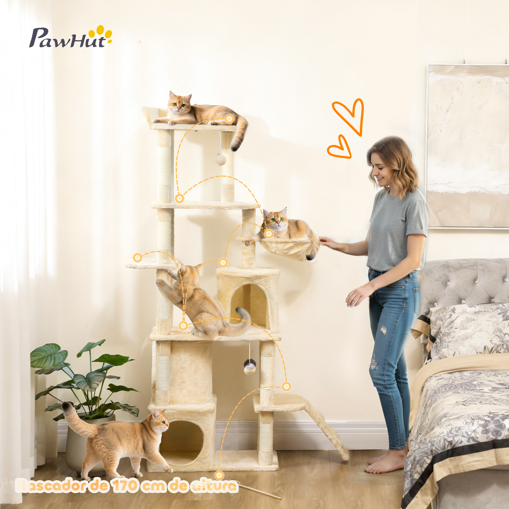 Árbol Rascador para Gatos Grande, Árbol para Gatos, Altura 170 cm, Torre de Escalada con 7 Postes, 1 Túnel, 3 Plataformas, 2 Cuevas, 1 Hamaca, 1 Percha, 1 Rampa, Pompones, Beige