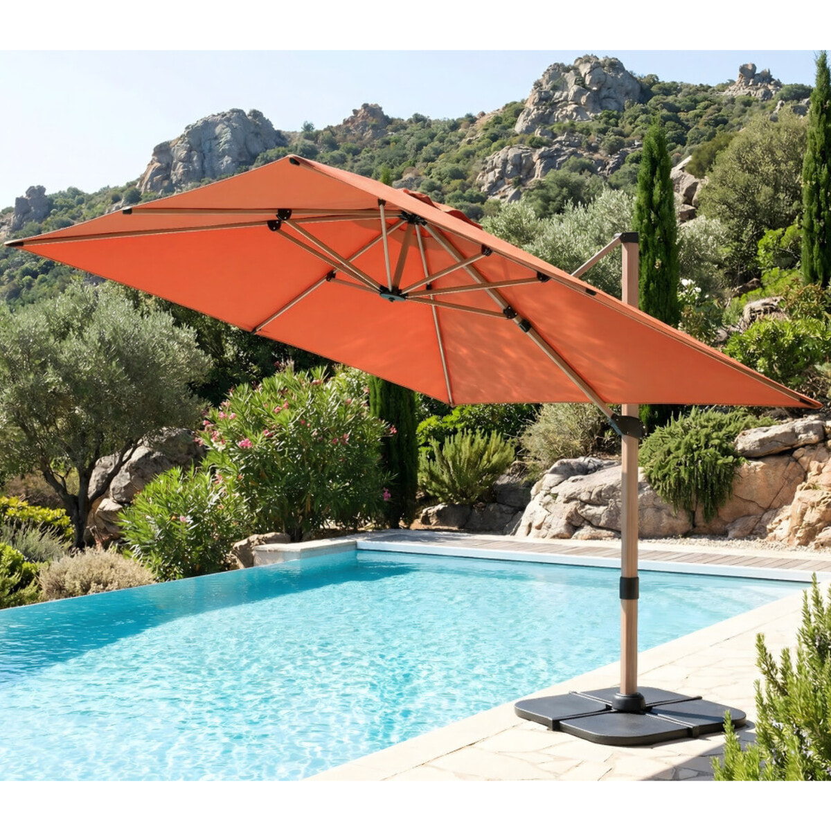Parasol déporté 3x3m - effet bois - Terracotta - QUARTZ