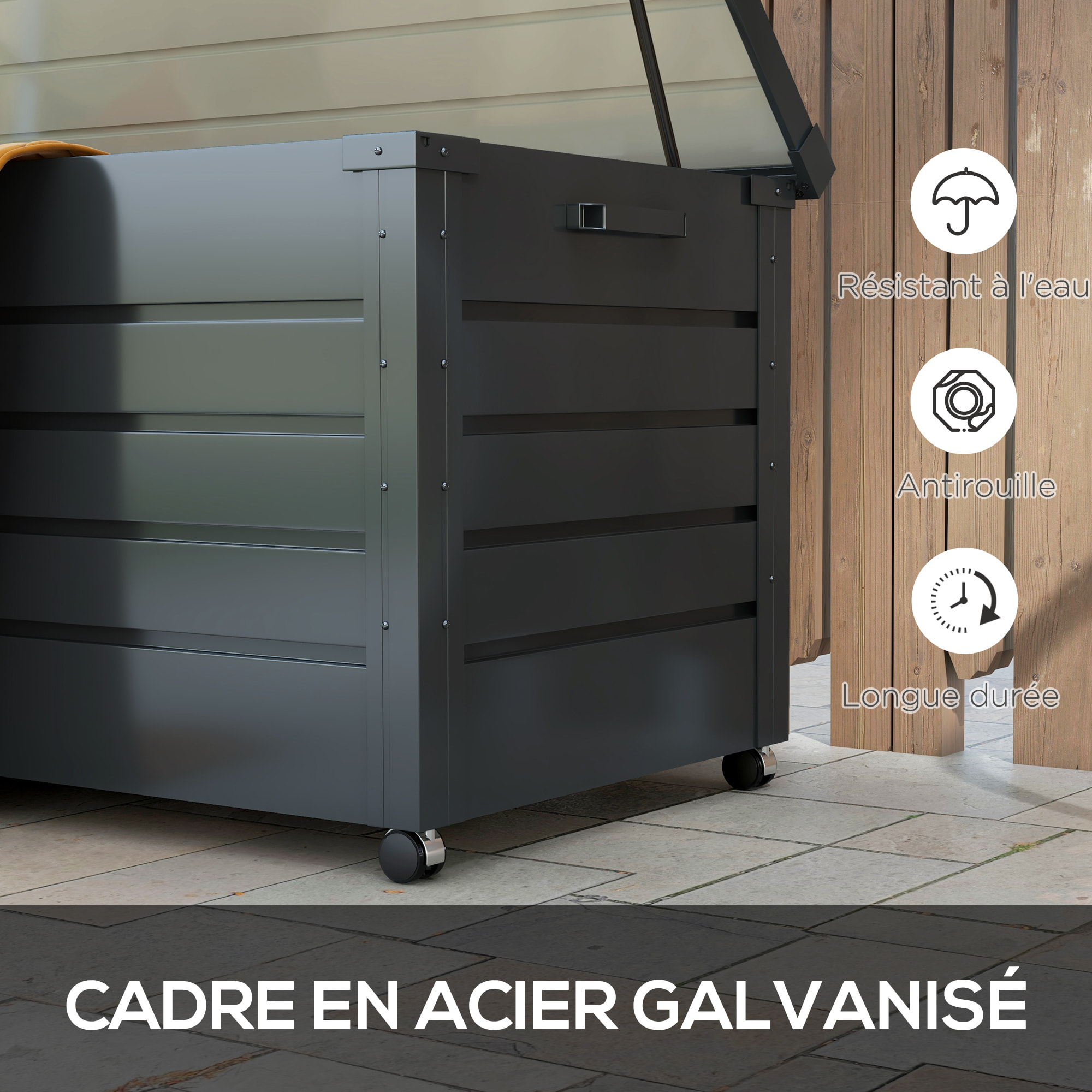 Coffre de jardin grande taille 311L verrouillable - roulettes, poignées, vérins gaz - acier anthracite