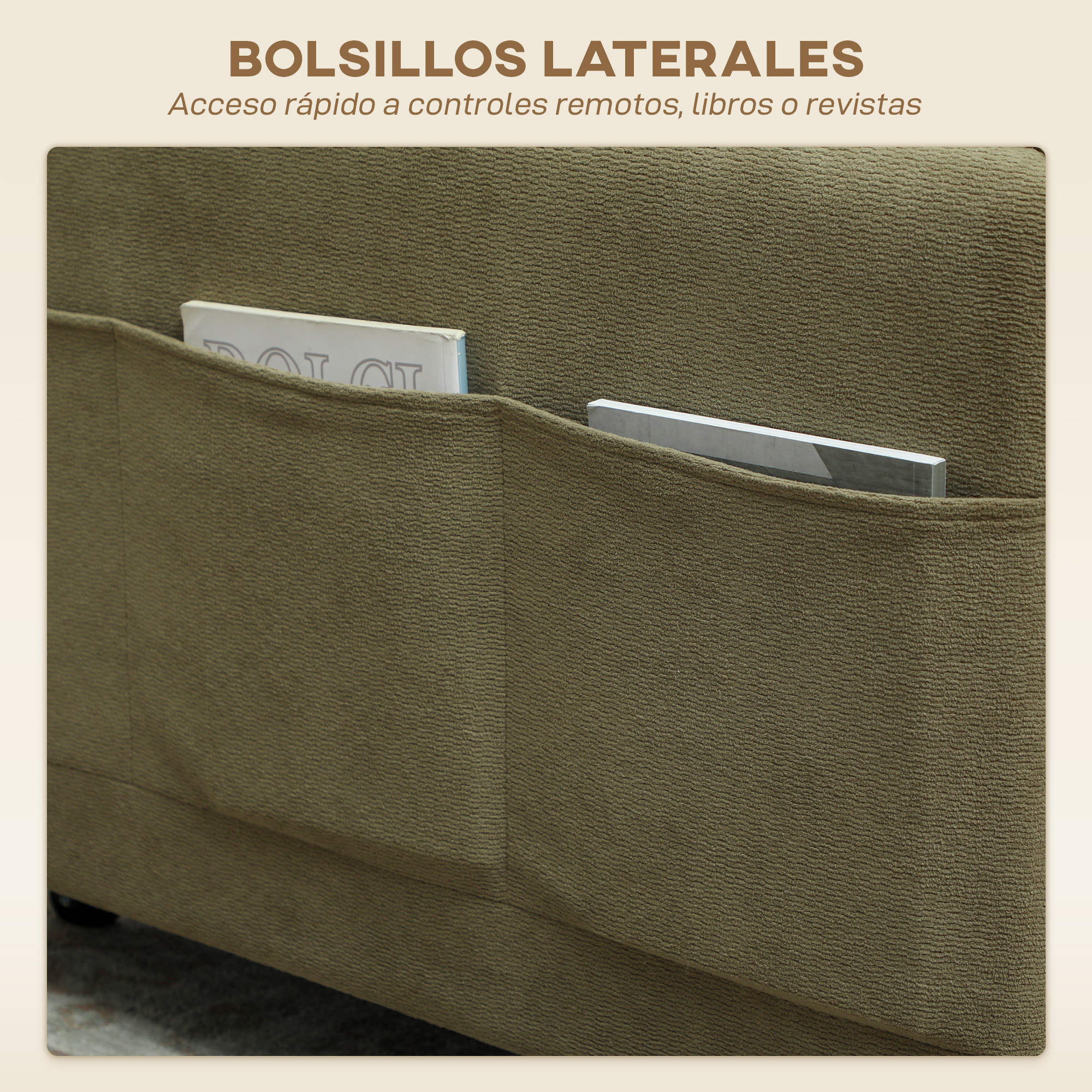 Sofá Cama de 1 Plaza 3 en 1, Sofá Cama Plegable Tapizado en Terciopelo Ecológico con Respaldo Ajustable 3 Niveles, 6 Bolsillos Laterales y Almohada, para Dormitorio, Salón, 74x85,5x82 cm Verde