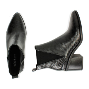 Botines de tacón negras con estampado de serpiente, tacón 7,5 cm
