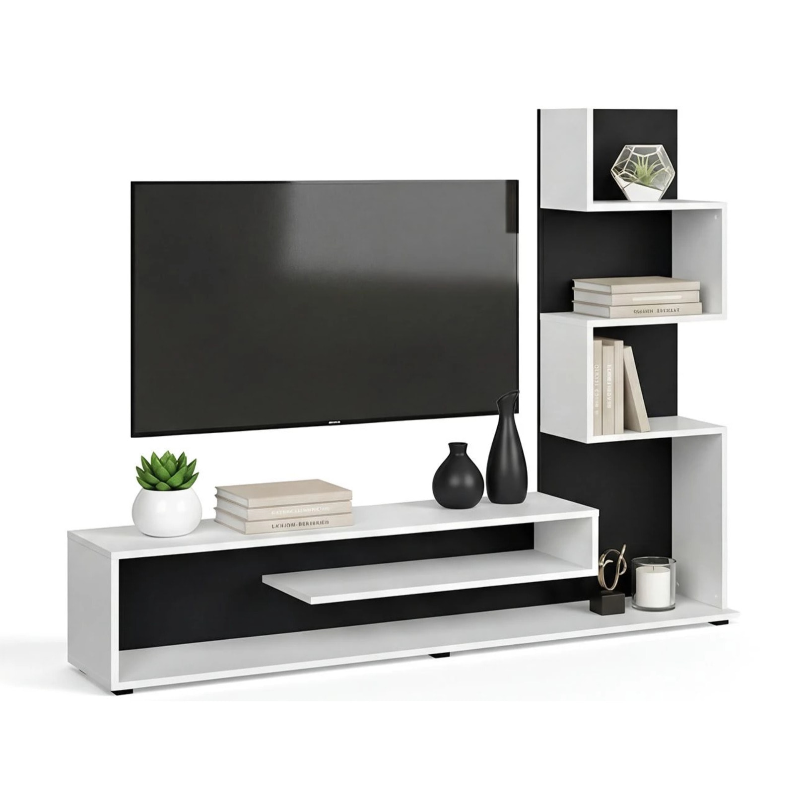Salón con mueble TV con estantes integrados en blanco artik y negro 160 cm Moobi Blanco Artik (Blanco Mate) - Negro