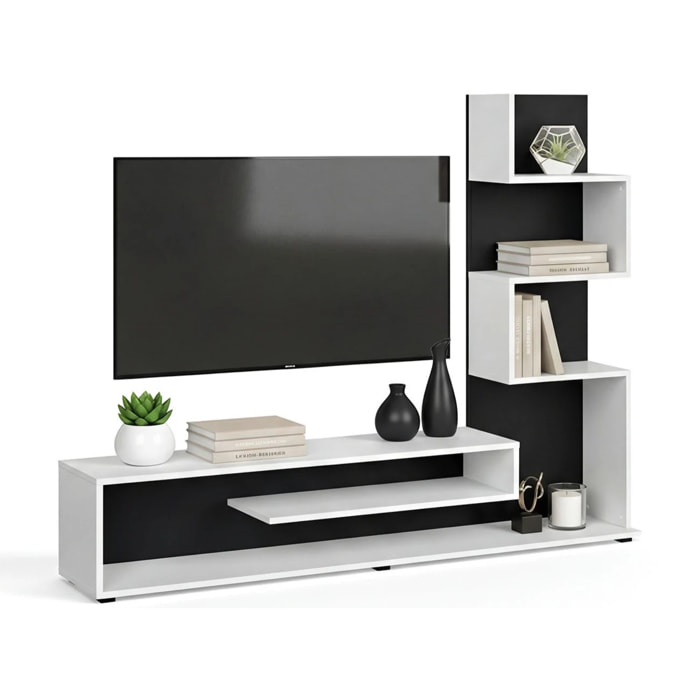 Salón con mueble TV con estantes integrados en blanco artik y negro 160 cm Moobi Blanco Artik (Blanco Mate) - Negro
