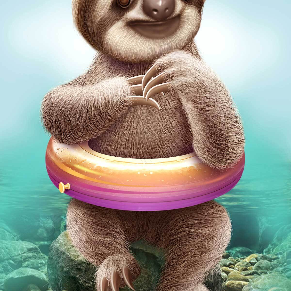 Affiche enfant jeune paresseux avec bouée  Affiche + cadre en bois - Chêne