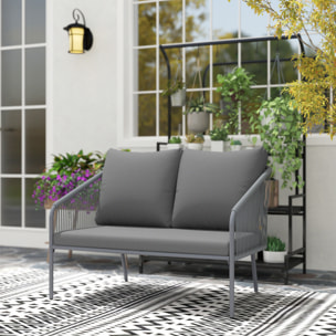 Canapé de jardin 2 places style bohème chic avec coussins assise dossier acier résine filaire gris