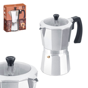 Cafetera de aluminio con tapa transparente y capacidad para 12 tazas.