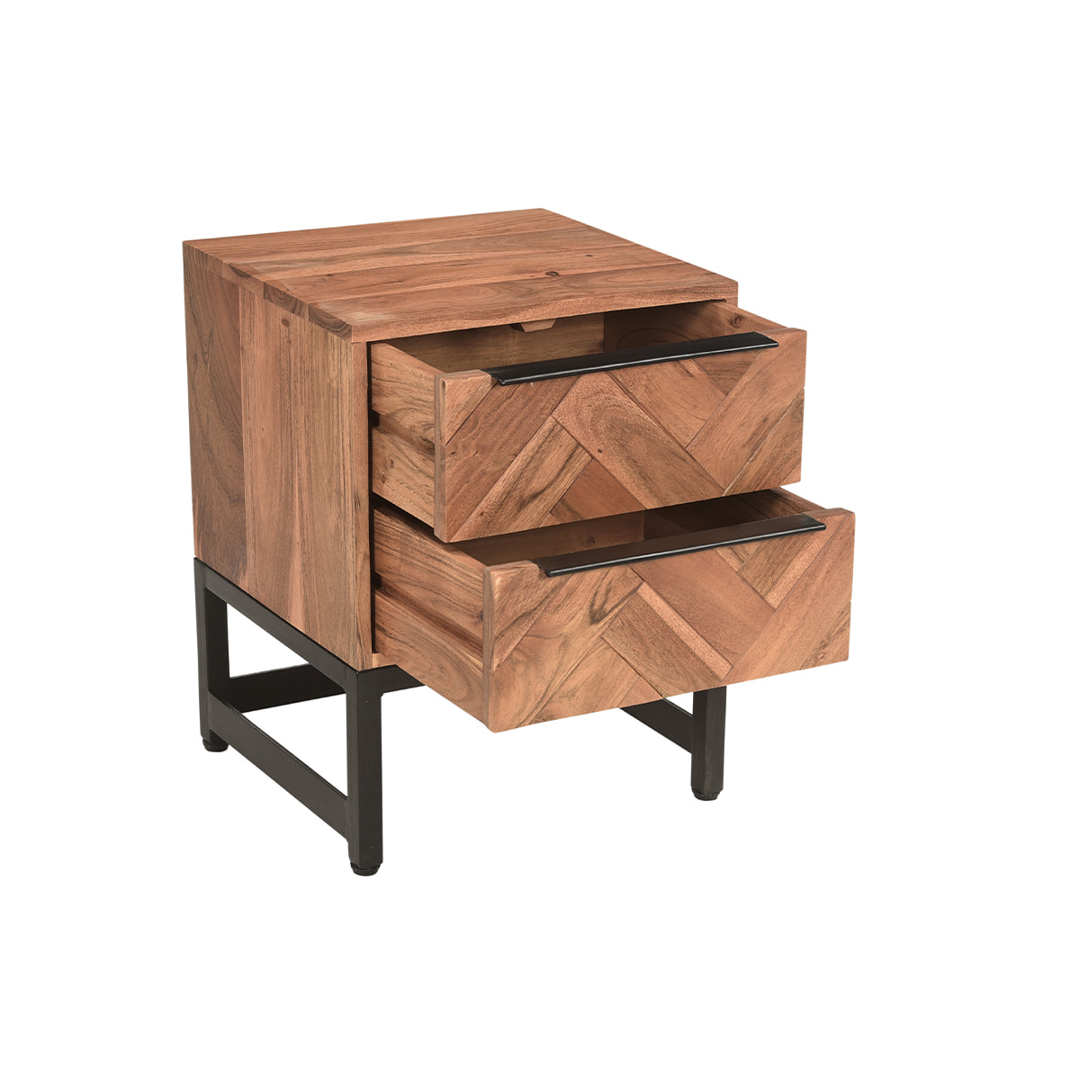 Table de chevet avec rangements 2 tiroirs à motifs chevrons en bois massif et métal noir STICK