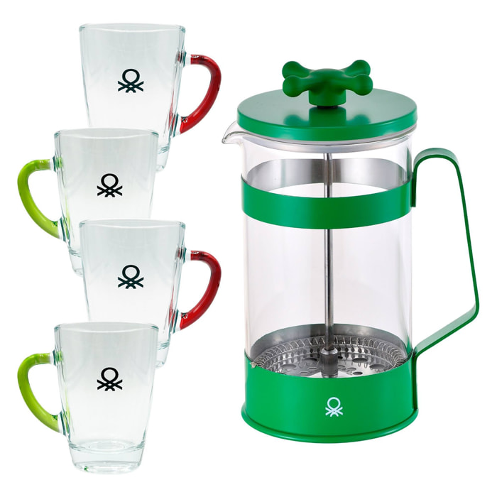 Cafetera con émbolo 600ml verde + set de 4 tazas (rojo y verde) raibow benetton.