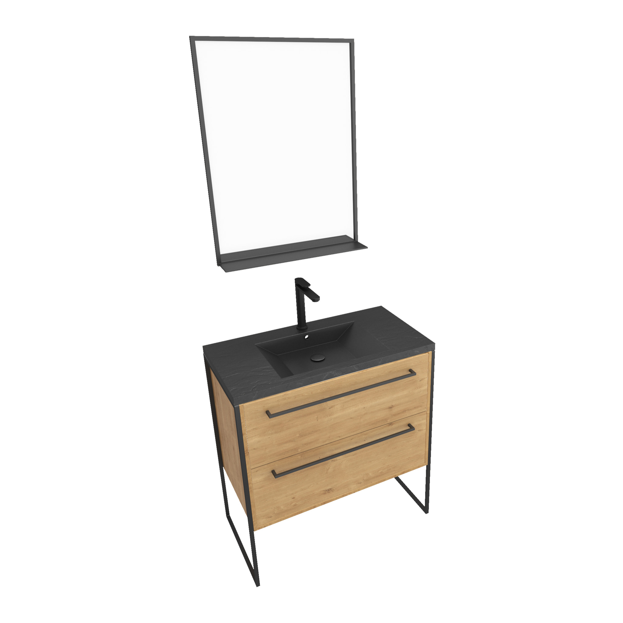 Meuble de salle de bain 80x50cm - tiroirs chêne brun - vasque résine noire effet pierre - miroir