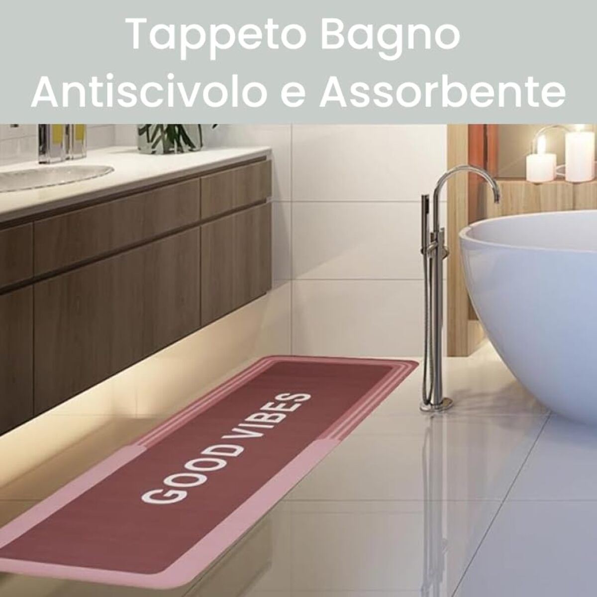 Tappeto Bagno, Tappeto Doccia Antiscivolo, Assorbente, Lavabile, 50x140 cm, Tappetino Magico per Bagno e Cucina. Modello: Good Vibes