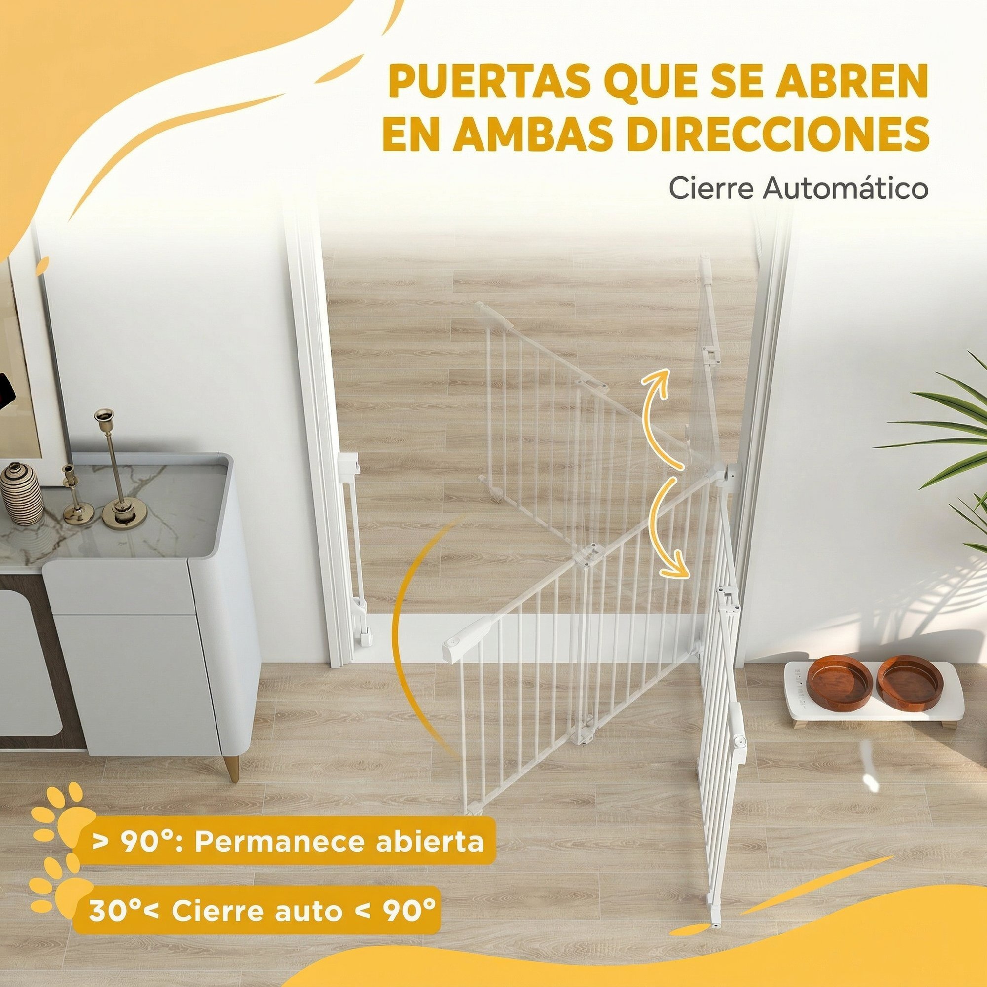 Barrera de Seguridad para Perros, Ancho 74,5-111,5 cm, Puerta para Perros para Puertas y Escaleras con Pestillo, Cierre Automático, Uso con Una Mano, Montada en la Pared, Sin Umbral, Blanco