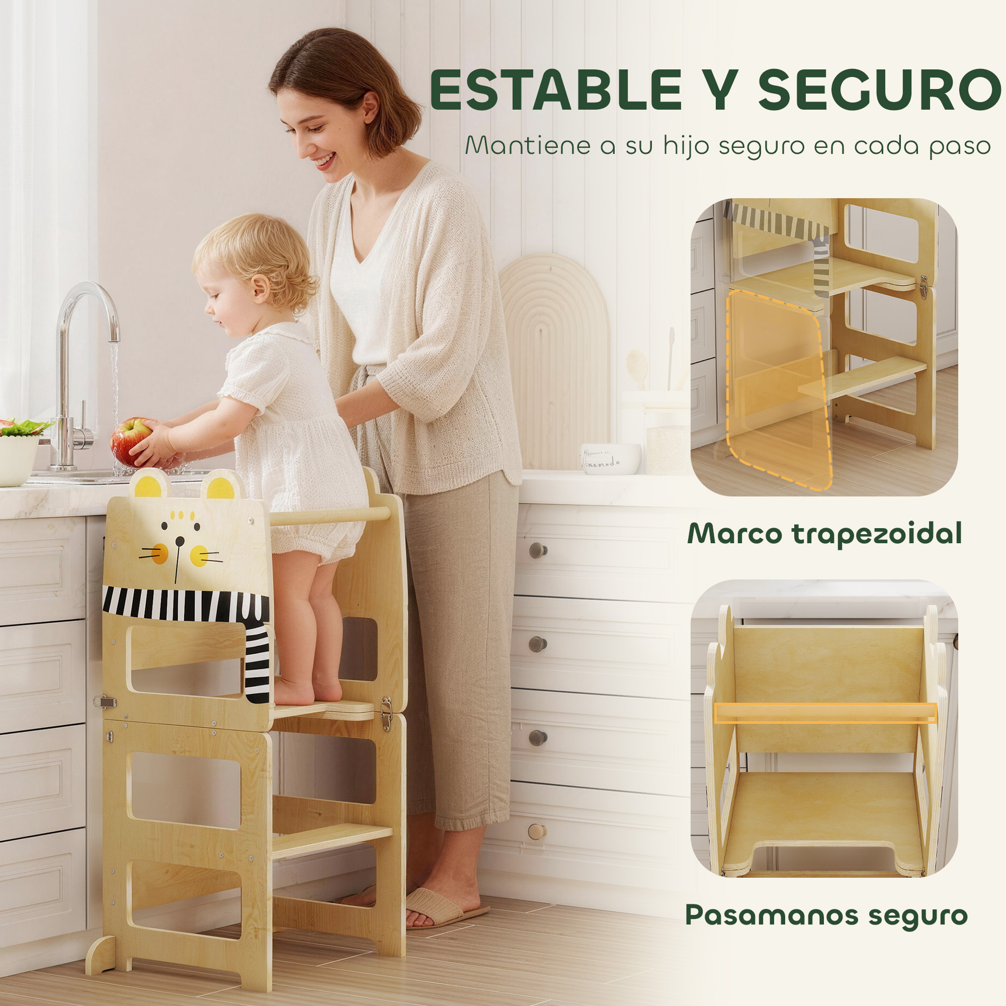 Torre de Aprendizaje 3 en 1 Plegable, Convertible en Escritorio y Silla, Taburete de Aprendizaje para Niños de 2-5 Años con Pizarra, Dibujos de Gatos, para Baño, Cocina, Natural