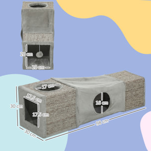 Tunnel grattoir niche modulable pour chat 3 en 1 - jeu balle suspendue - 4 entrées - peluche sisal gris