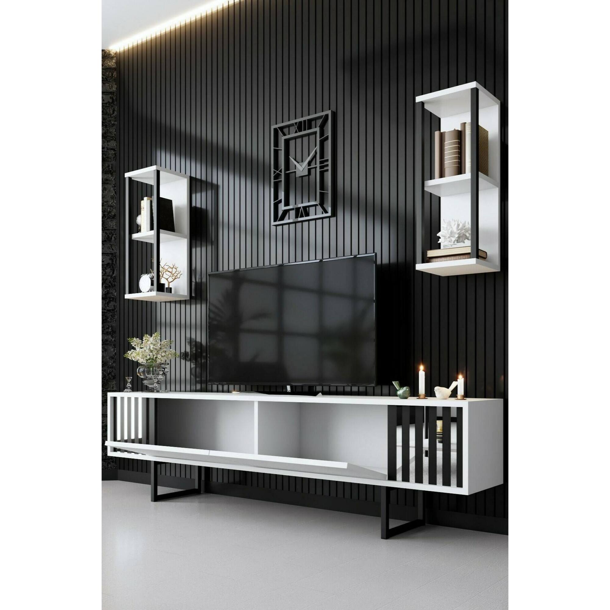 Mobile porta TV Dfantin, Credenza da soggiorno, Armadio basso per TV, Base parete attrezzata, 180x30h48 cm, Bianco e Nero