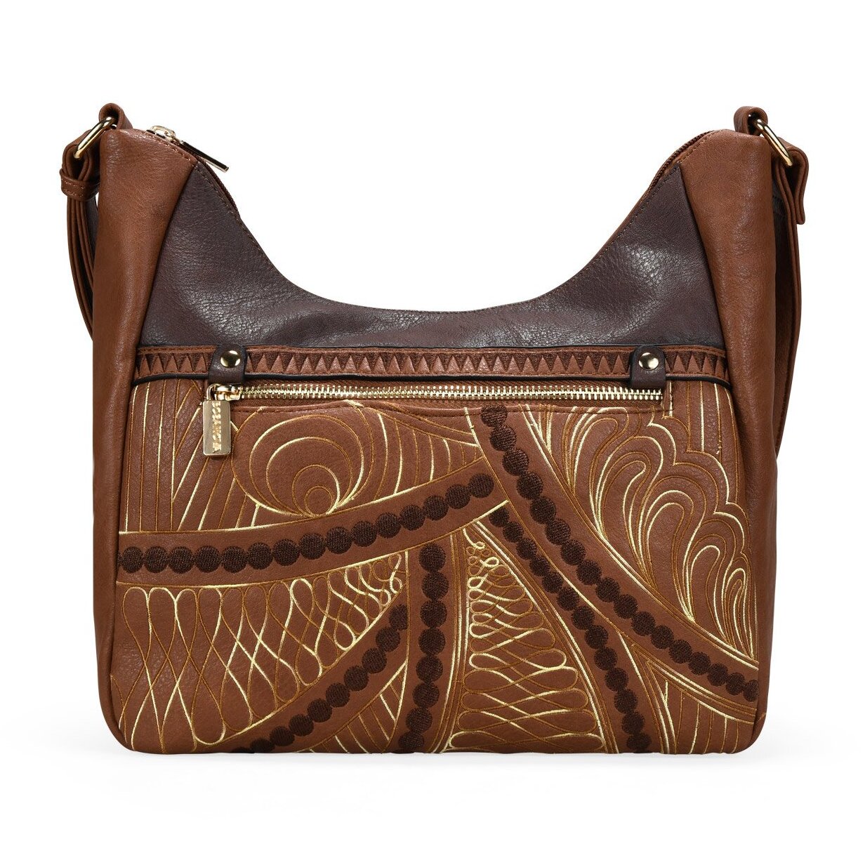 Bolso bandolera marrón con cosidos y cremallera