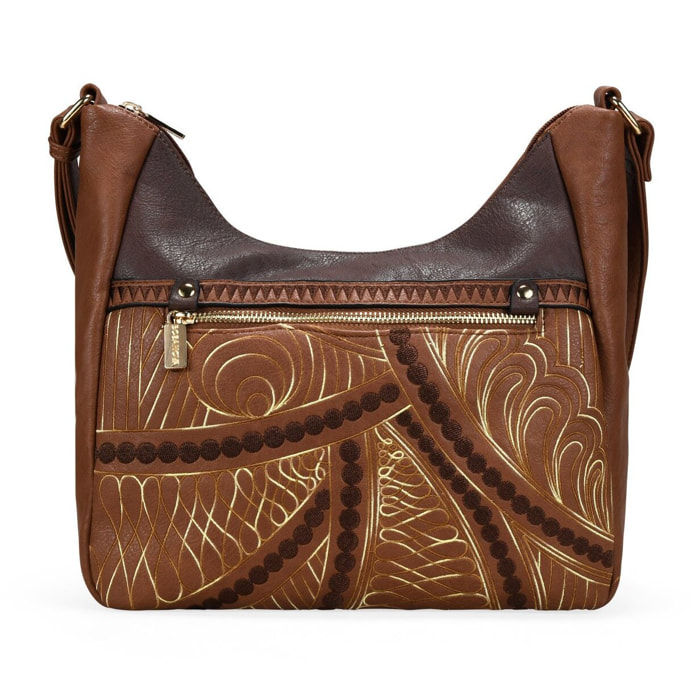 Bolso bandolera marrón con cosidos y cremallera