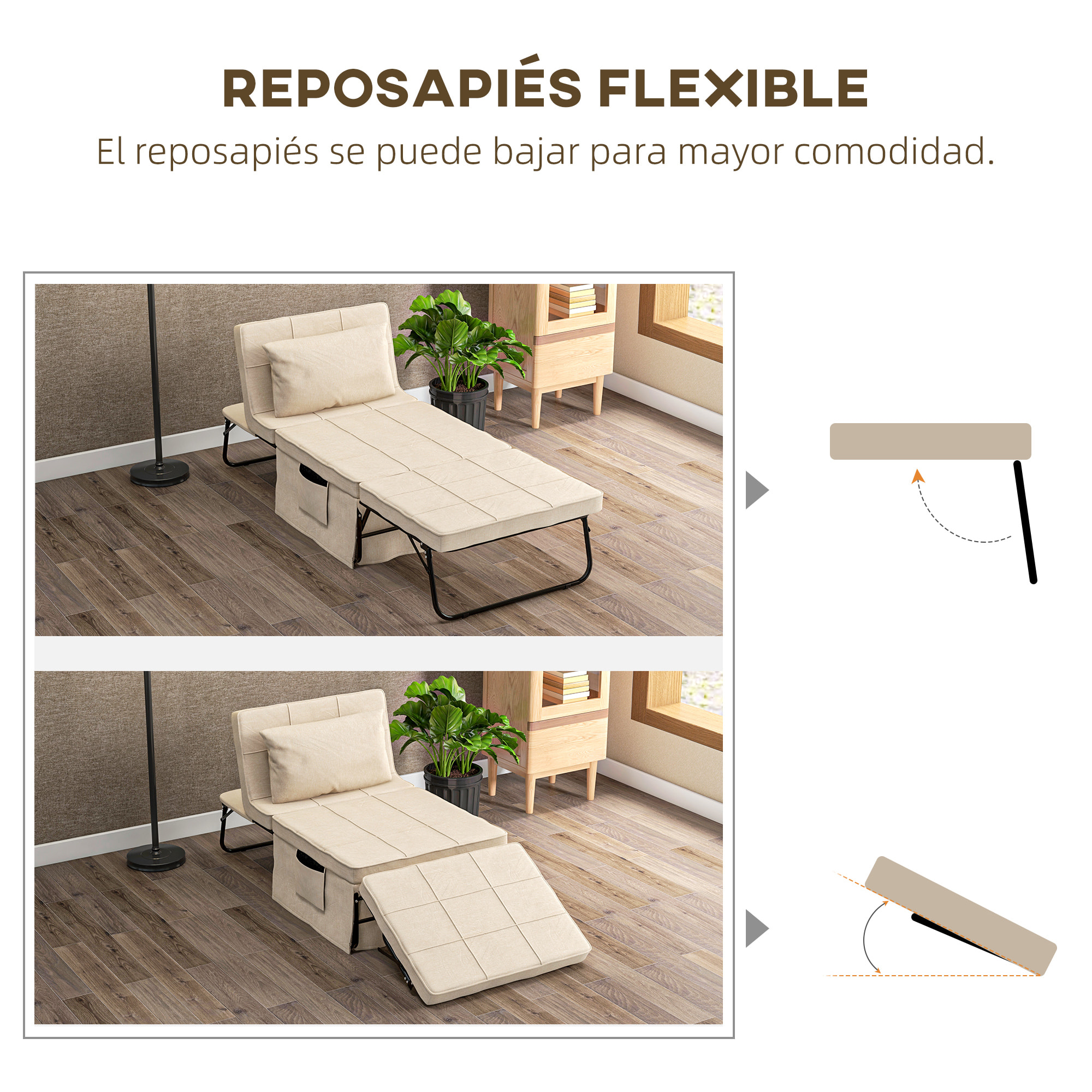 Sofá Cama de 1 Plaza 4 en 1, Sillón Cama Plegable, Tapizado en Lino, con Respaldo Ajustable de 5 Niveles, Almohada Acolchada, para Oficina, Dormitorio, Salón, 75x80x74 cm, Crema