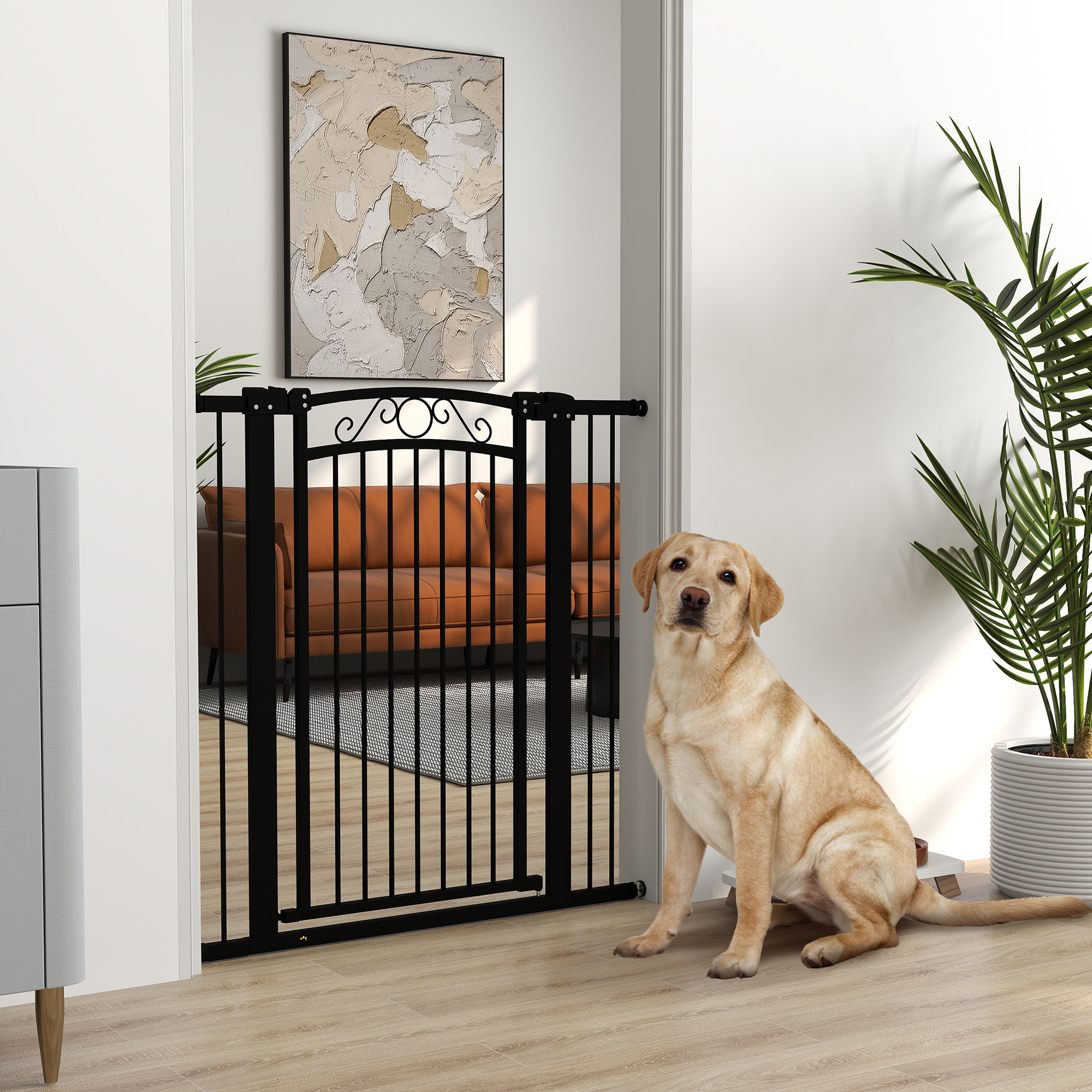 Barrera para Perros Puerta para Perros con Ancho Ajustable 76-104 cm Barrera de Seguridad para Perros con 2 Extensiones y Doble Bloqueo para Escaleras y Puertas Negro