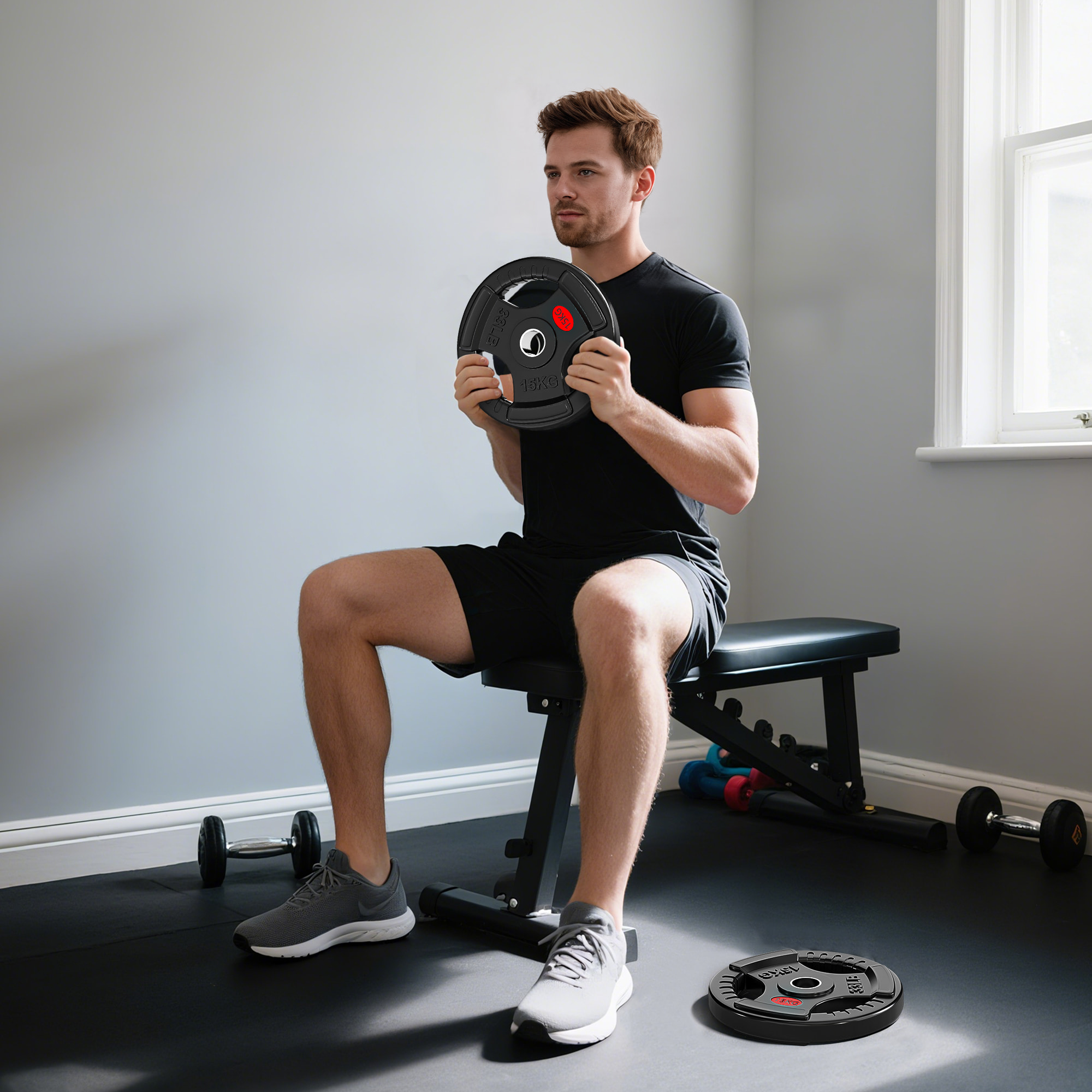 Discos Pesas Olímpicas, Agujero Ø50 mm, 2 Discos de Pesas 15 kg con Anillo Interior de Acero y Triple Agarre, para Mancuernas y Barras, Entrenamiento Fitness en Casa, Gimnasio, Negro