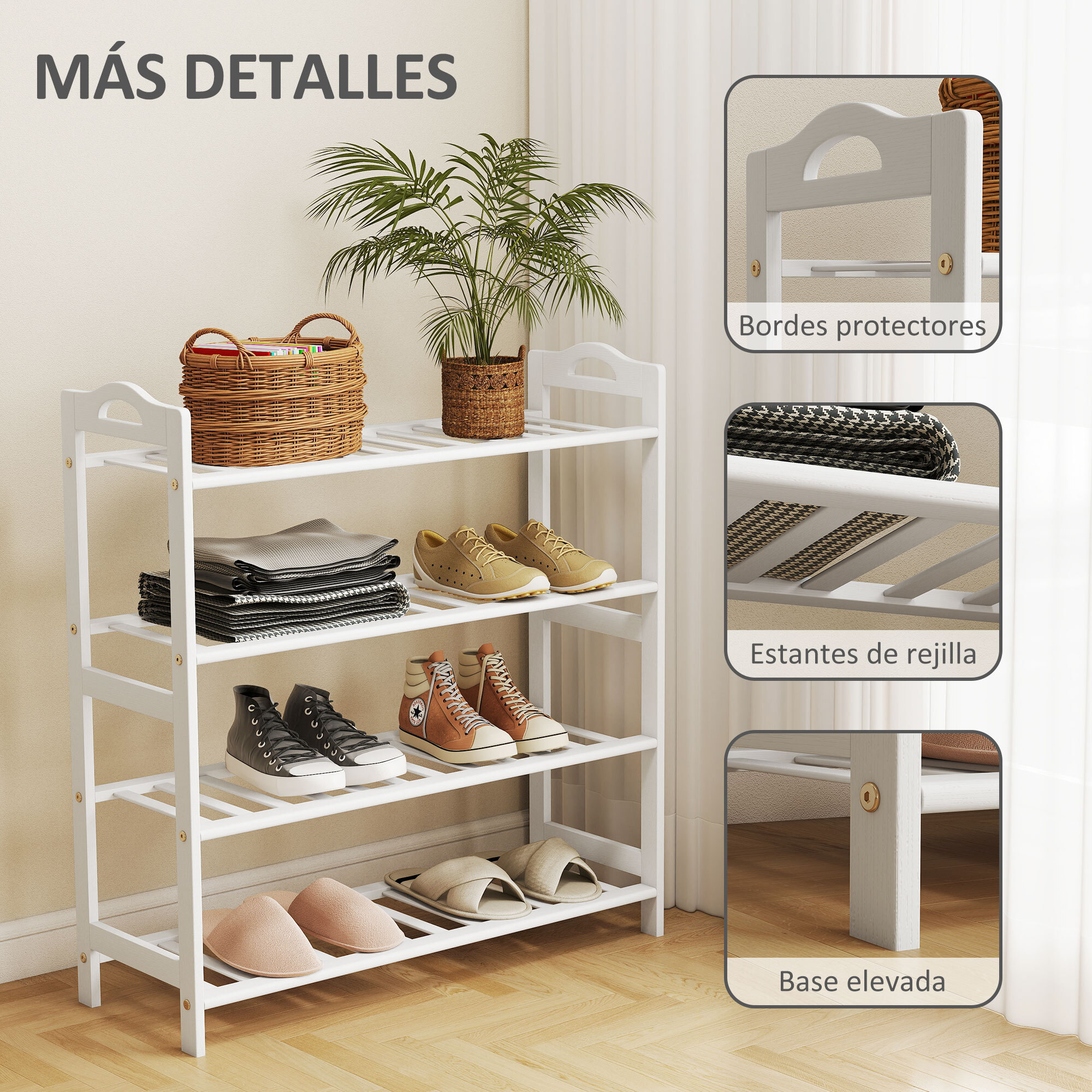 Zapatero de 4 Niveles Estantería para Zapatos de Bambú para 12 Pares de Zapatos para Entrada Pasillo Dormitorio 67,5x24,7x72 cm Blanco