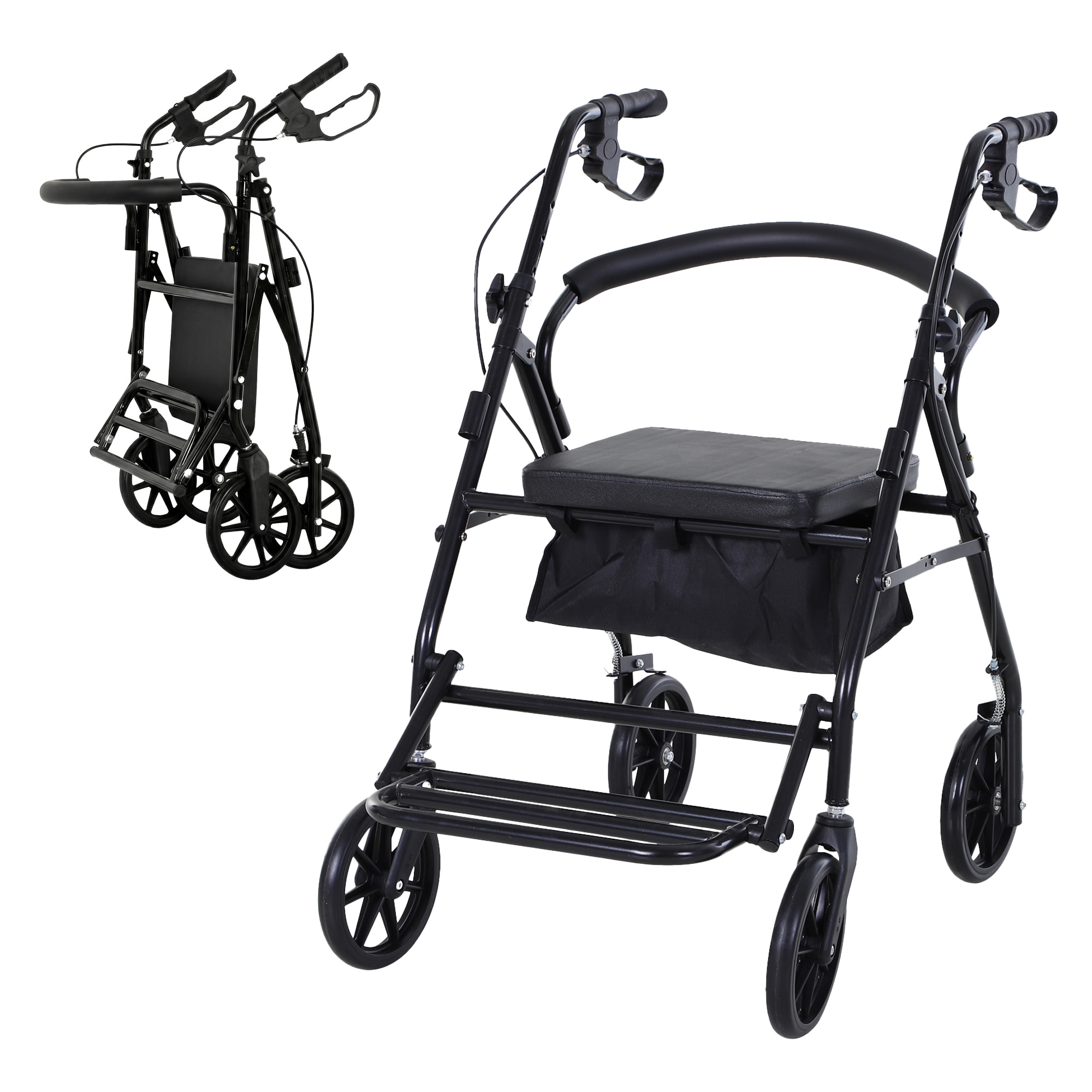 HOMCOM Andador para Ancianos Plegable, Andadores Adultos para Personas Mayores con Asiento Acolchado y 4 Ruedas, Mango Ergonómico Ajustable en Altura, Frenos de Maneta, Cesta, Reposapiés, Negro