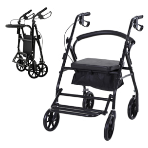 HOMCOM Andador para Ancianos Plegable, Andadores Adultos para Personas Mayores con Asiento Acolchado y 4 Ruedas, Mango Ergonómico Ajustable en Altura, Frenos de Maneta, Cesta, Reposapiés, Negro