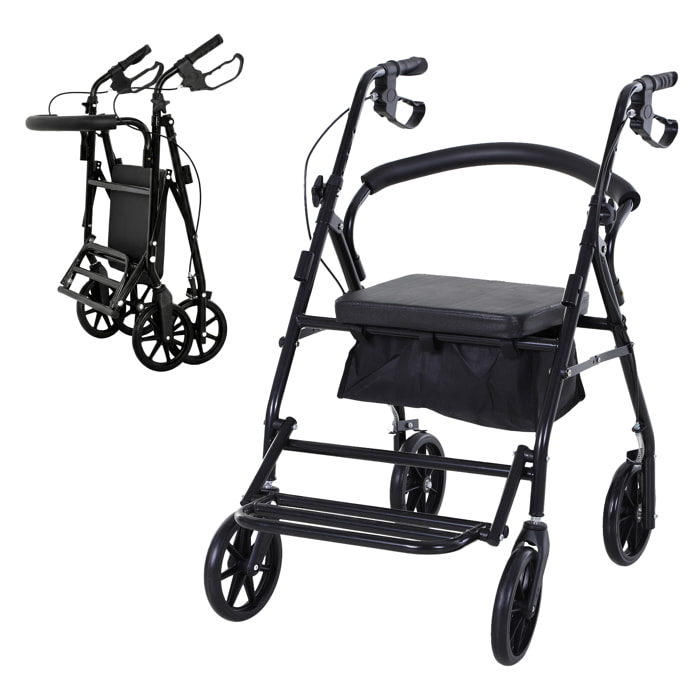 HOMCOM Andador para Ancianos Plegable, Andadores Adultos para Personas Mayores con Asiento Acolchado y 4 Ruedas, Mango Ergonómico Ajustable en Altura, Frenos de Maneta, Cesta, Reposapiés, Negro