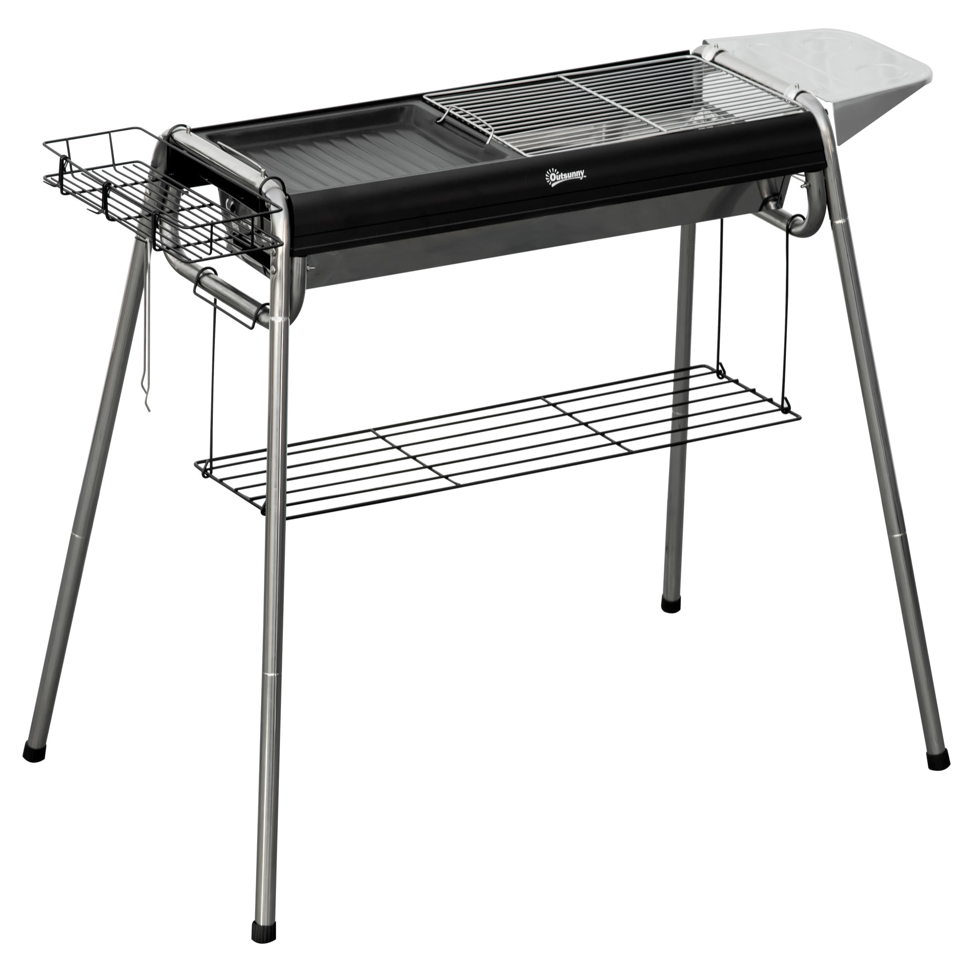 Barbacoa de Carbón Barbacoa Portátil con Parrilla de Acero Inoxidable Bandeja Especiero y Estante de Almacenamiento para Jardín Camping 96x61x72 cm Negro