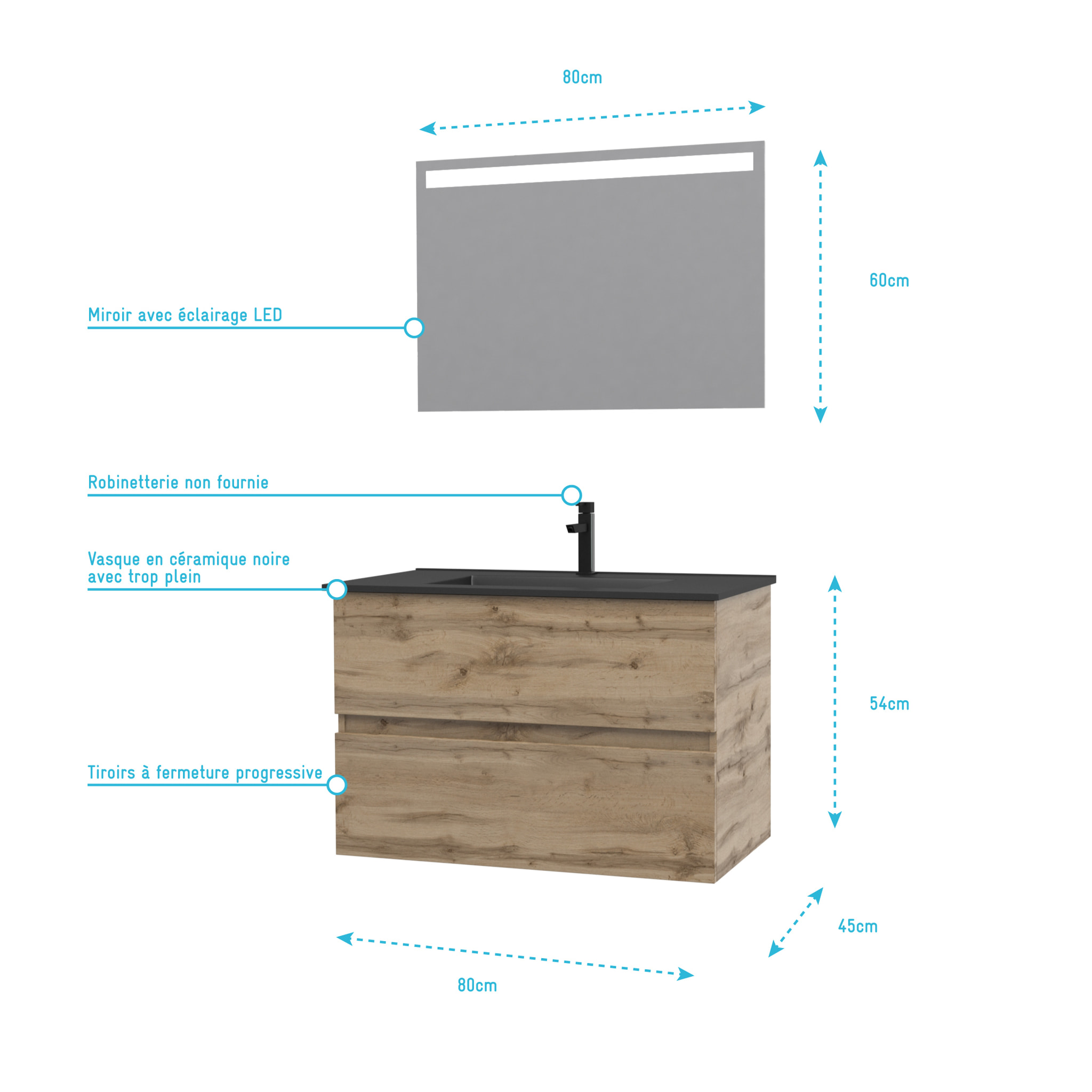 Meuble salle de bain 80x54 - Finition chene naturel + vasque noire + miroir Led - TIMBER 80 - Pack12