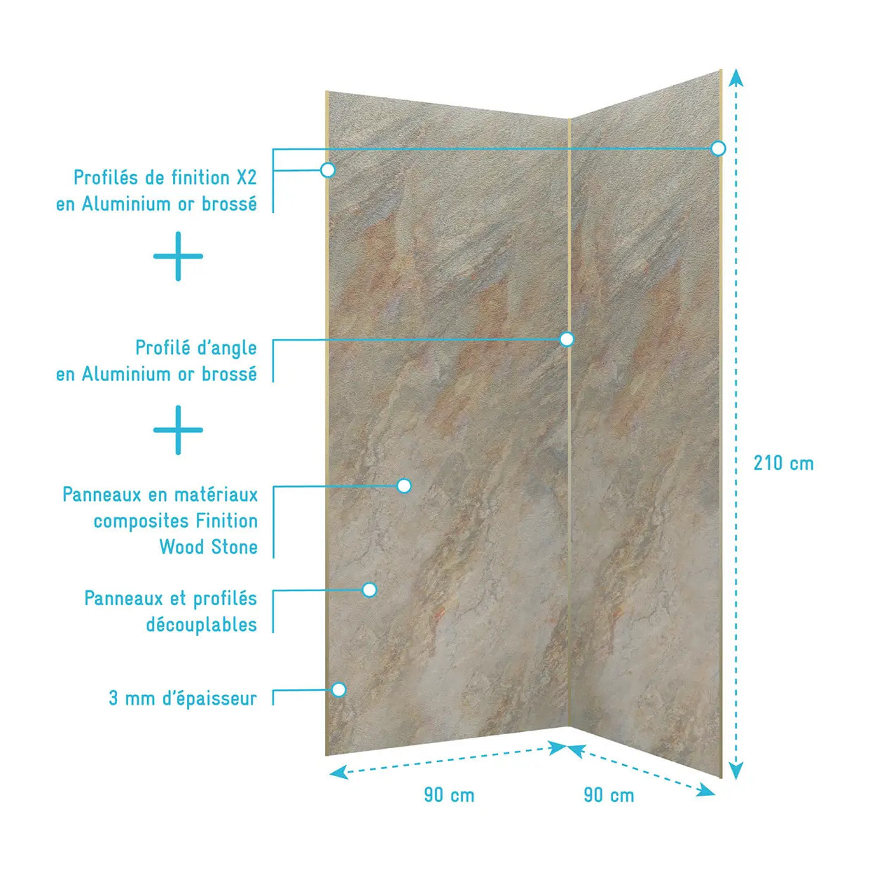 Pack 2 Panneaux Muraux Pierre Wood Stone 90x210 cm + Profilés Or Brossé