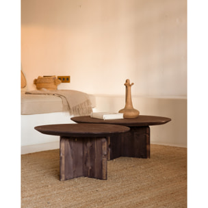 Table basse ronde en bois massif ton noyer en différentes tailles