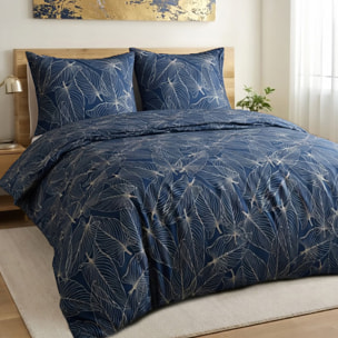 Parure housse de couette 100% microfibre bleu motif feuilles - paola