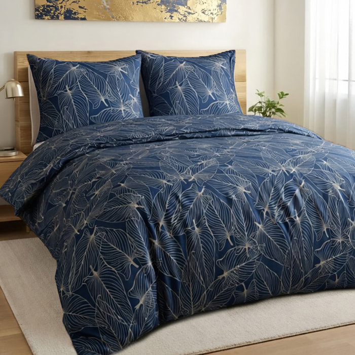 Parure housse de couette 100% microfibre bleu motif feuilles - paola