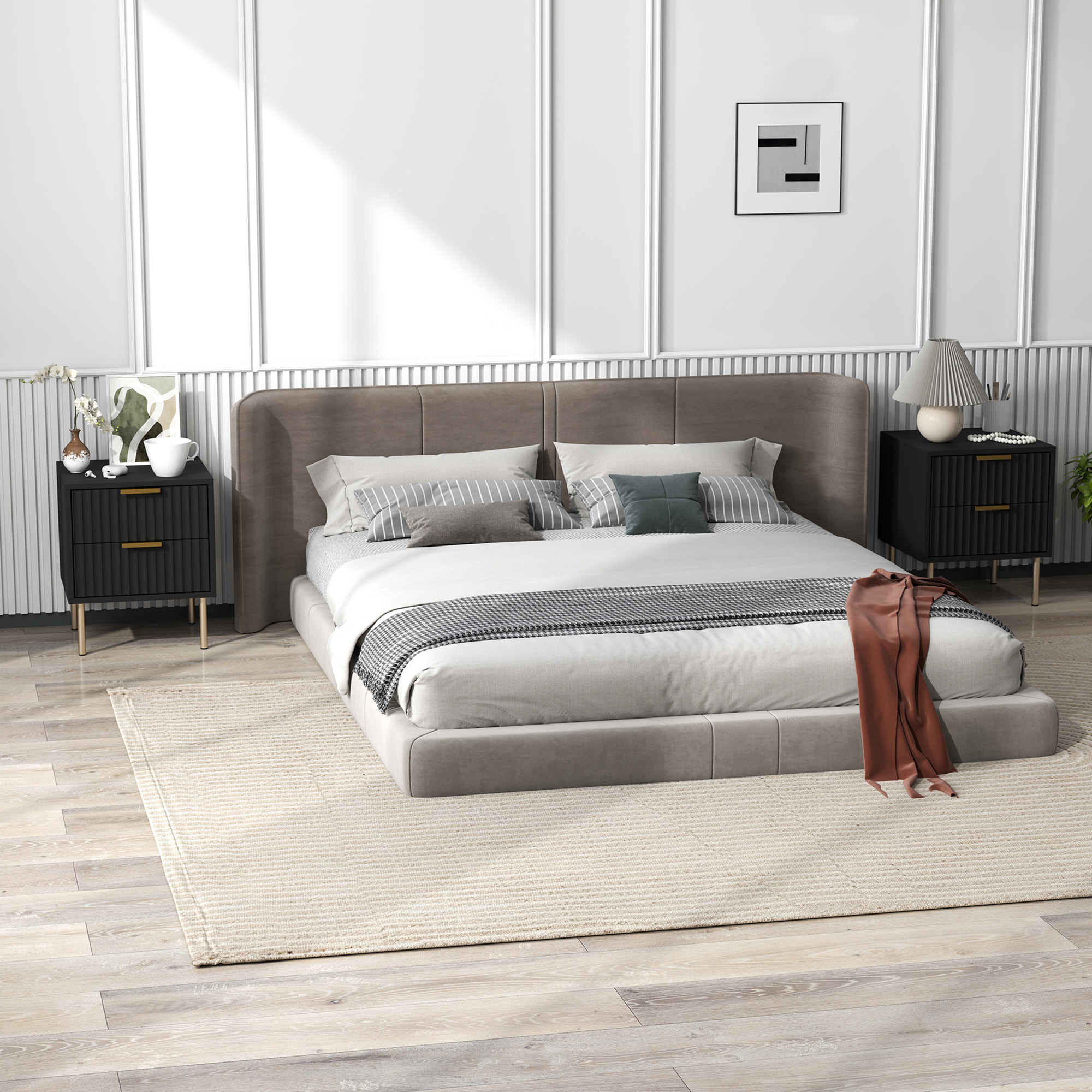 Chevet design contemporain 2 tiroirs effet cannelé coloris champagne doré noir